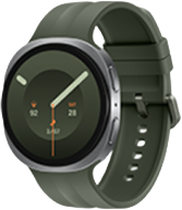 Smartwatch z okrągłą tarczą i zielonym paskiem, wyświetlający godzinę 10:10 oraz datę 28.