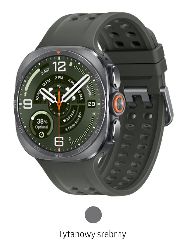 Galaxy Wach Ultra2 Tytanowy srebrny Smartwatch z okrągłą tarczą i ciemnym paskiem, wyświetlający czas oraz różne wskaźniki na zielonym tle. Pod obrazem znajduje się tekst: \'Tytanowy srebrny\'.