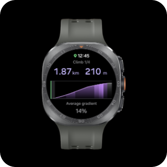 Galaxy Watch Ultra2 – Każde wzgórze, bez zaskoczenia Smartwatch z okrągłym wyświetlaczem pokazuje dane dotyczące wspinaczki: 1.87 km, 210 m, oraz wykres z napisem \'Average gradient 14%\'.