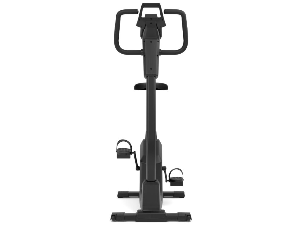 Na obrazie widoczny jest czarny rower magnetyczny z wyraźnie zaznaczonymi pedałami i kierownicą. Rower ma solidną konstrukcję i prosty design.
