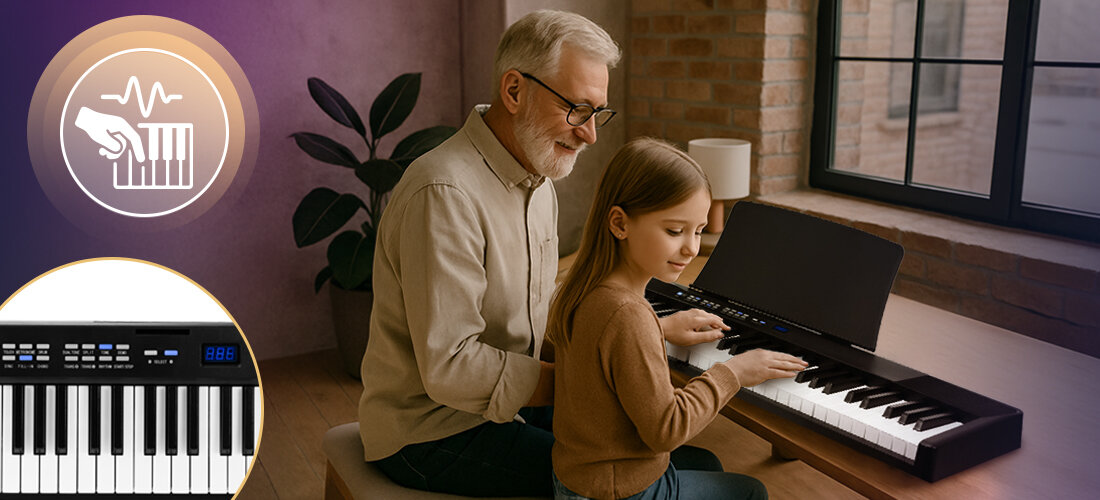 Starszy mężczyzna i młoda dziewczynka siedzą przy cyfrowym pianinie, które jest czarne i ma składany design. W lewym górnym rogu znajduje się okrągła ikona z symbolem dłoni nad klawiaturą oraz falą dźwiękową.