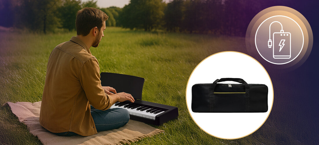 Osoba siedzi na trawie i gra na czarnym, składanym pianinie cyfrowym. Obok widoczna jest czarna torba oraz ikona przedstawiająca powerbank.