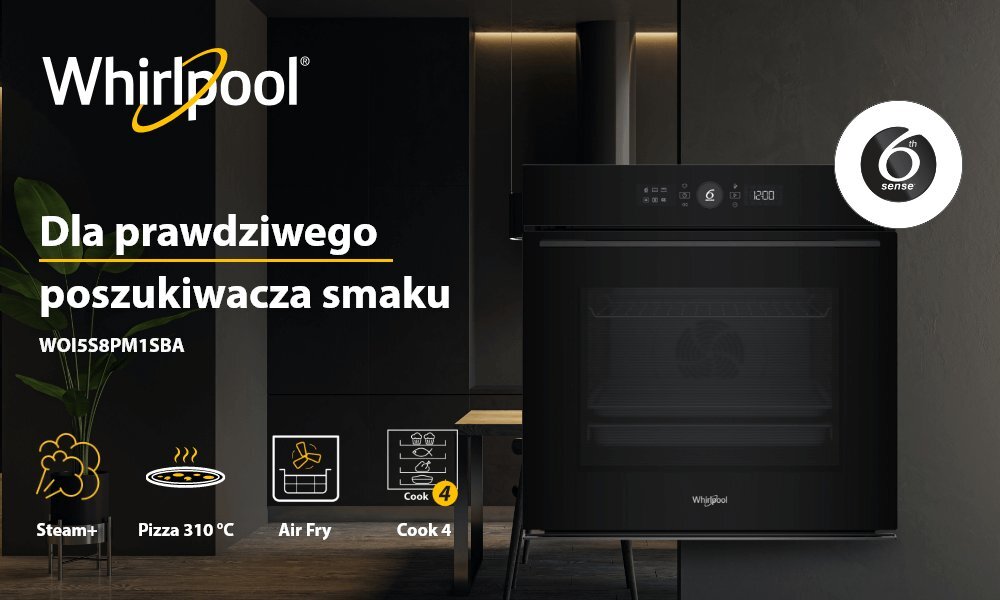 Obraz przedstawia czarny piekarnik elektryczny z logo Whirlpool oraz napisem \'Dla prawdziwego poszukiwacza smaku WOI5S8PM1SBA\'. Widoczne są ikony funkcji: Steam+, Pizza 310°C, Air Fry, Cook 4 oraz logo \'6th sense\'.