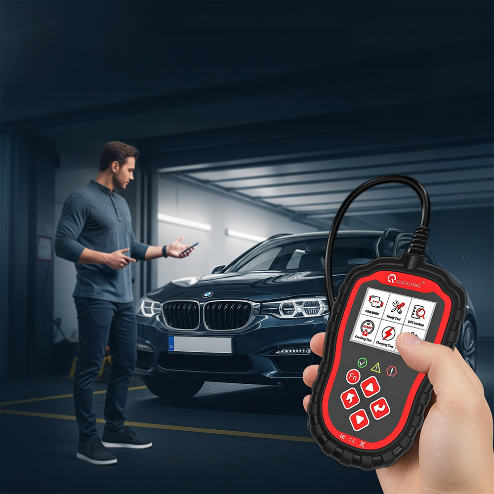 Osoba stoi obok czarnego samochodu w garażu, trzymając telefon. Na pierwszym planie widoczny jest ręczny skaner diagnostyczny z logo \'QUICKLYNKS\' i kilkoma ikonami na ekranie.