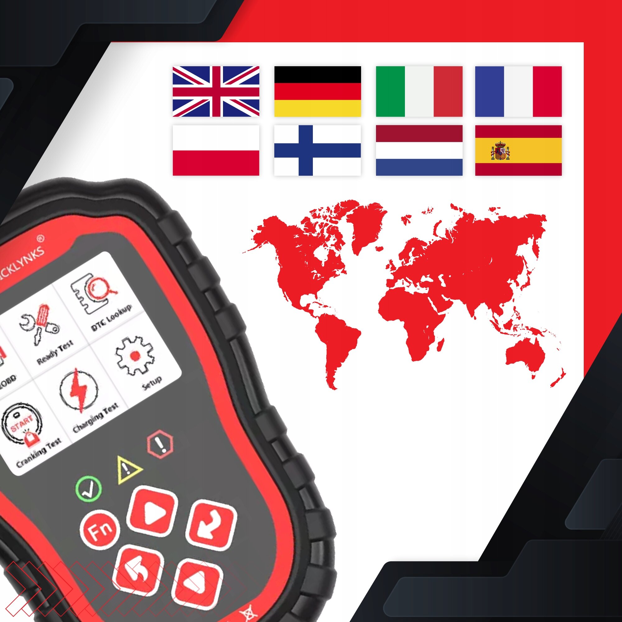 Obraz przedstawia urządzenie diagnostyczne z wyświetlaczem i przyciskami, z widocznym logo \'QUICKLYNKS\'. Obok znajduje się mapa świata w kolorze czerwonym oraz flagi różnych krajów, w tym Polski.