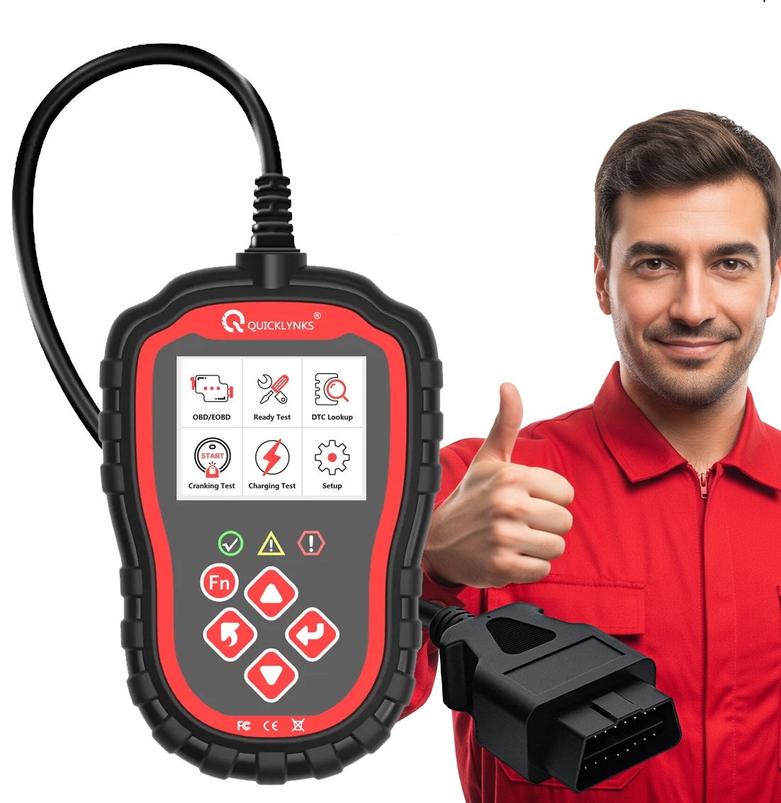 Na obrazie widoczny jest skaner diagnostyczny OBD z logo QUICKLYNKS, posiadający ekran z ikonami: OBD/EOBD, Ready Test, DTC Lookup, Cranking Test, Charging Test, Setup. Obok urządzenia stoi osoba w czerwonym stroju, pokazująca gest kciuka w górę.