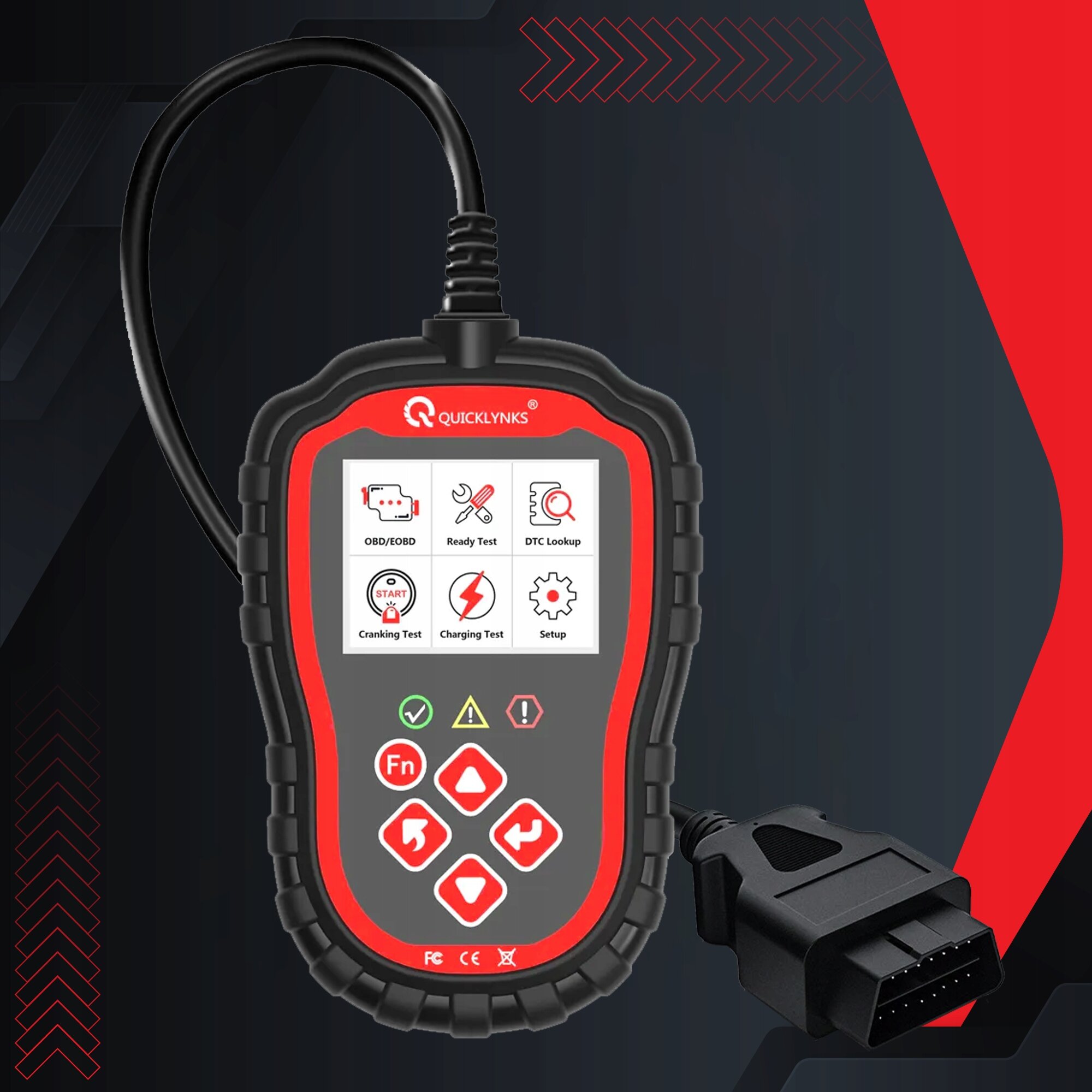 Na obrazie widoczny jest interfejs diagnostyczny OBD z ekranem wyświetlającym ikony: OBD/EOBD, Ready Test, DTC Lookup, Cranking Test, Charging Test, Setup. Urządzenie ma czarną obudowę z czerwonymi elementami i logo QUICKLYNKS na górze.