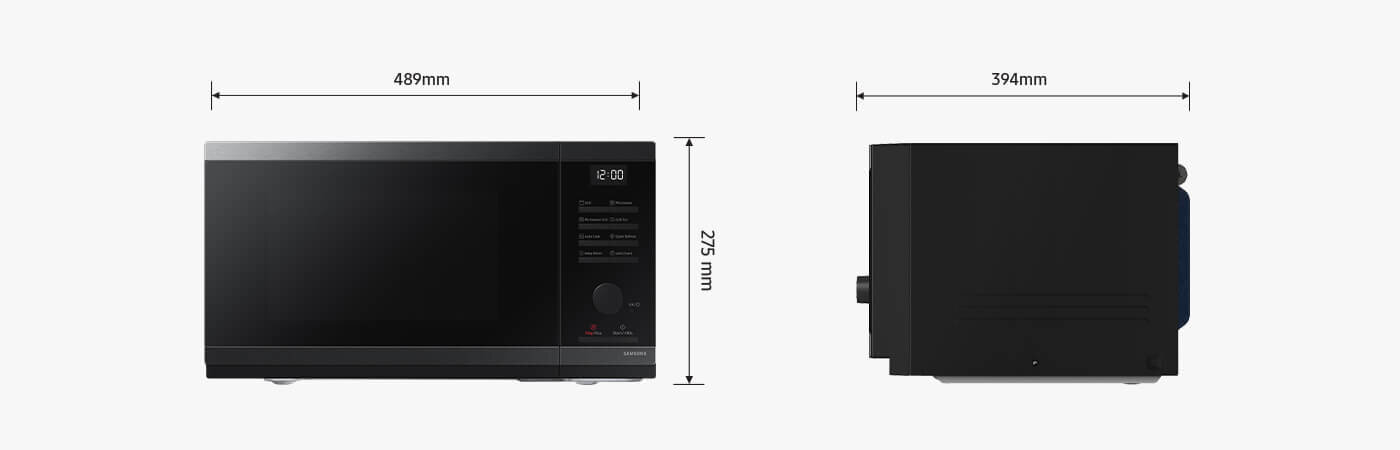 wymiary kuchenki mikrofalowej Samsung mg23dg4524cge2 Obraz przedstawia czarną kuchenkę mikrofalową z wyświetlaczem cyfrowym i przyciskami po prawej stronie. Wymiary urządzenia to 489 mm szerokości, 275 mm wysokości i 394 mm głębokości.