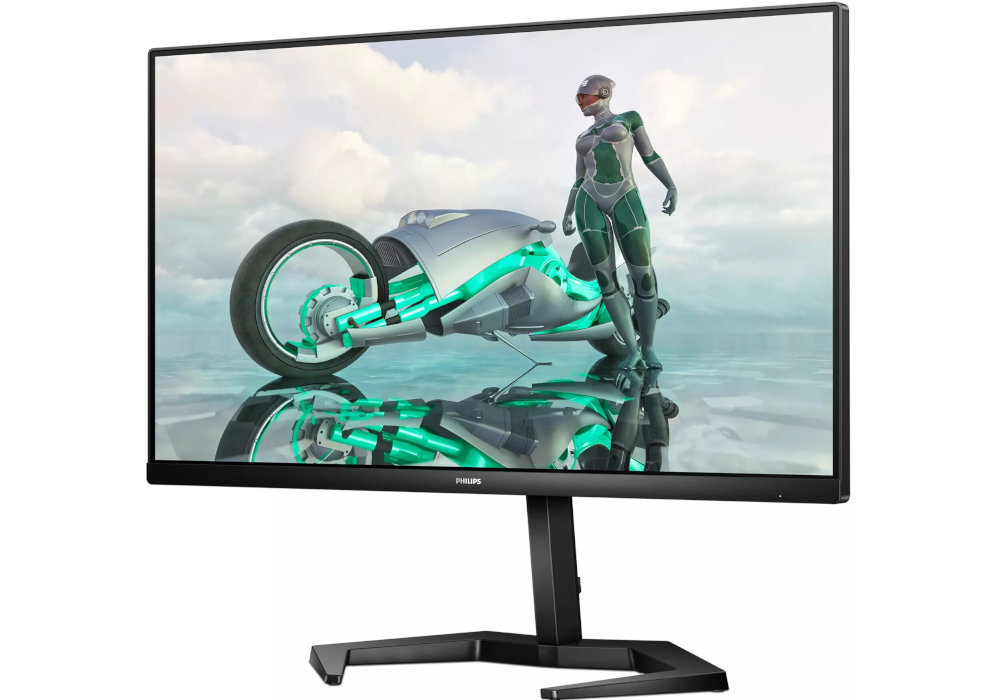 Monitor z wyświetlanym obrazem przedstawiającym futurystyczny motocykl i postać w zbroi na tle chmur. Na ramce monitora widoczne jest logo \'PHILIPS\'.