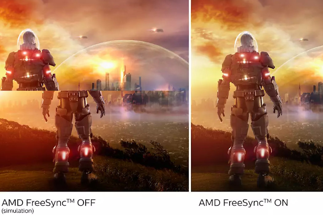 Obraz przedstawia porównanie jakości grafiki w grze z funkcją AMD FreeSync™ wyłączoną i włączoną. Po lewej stronie widoczny jest napis \'AMD FreeSync™ OFF (simulation)\', a po prawej \'AMD FreeSync™ ON\'.