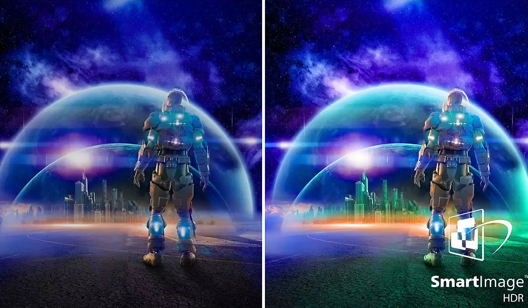 Obraz przedstawia futurystyczną postać w kombinezonie stojącą przed miastem pod kopułą, z efektem świetlnym. W prawym dolnym rogu widnieje napis \'SmartImage HDR\'.