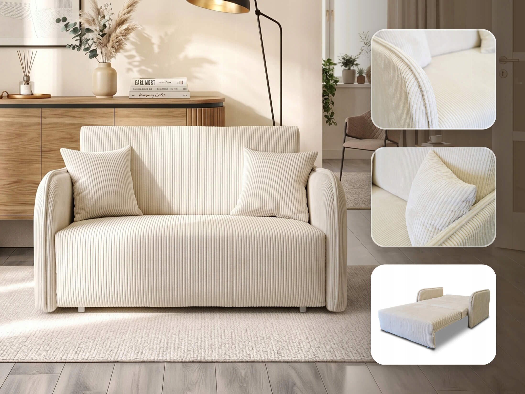 Kremowa sofa z dwoma poduszkami stoi na jasnym dywanie w eleganckim wnętrzu. Obok znajdują się trzy zbliżenia na detale sofy oraz jej rozłożona wersja do spania.