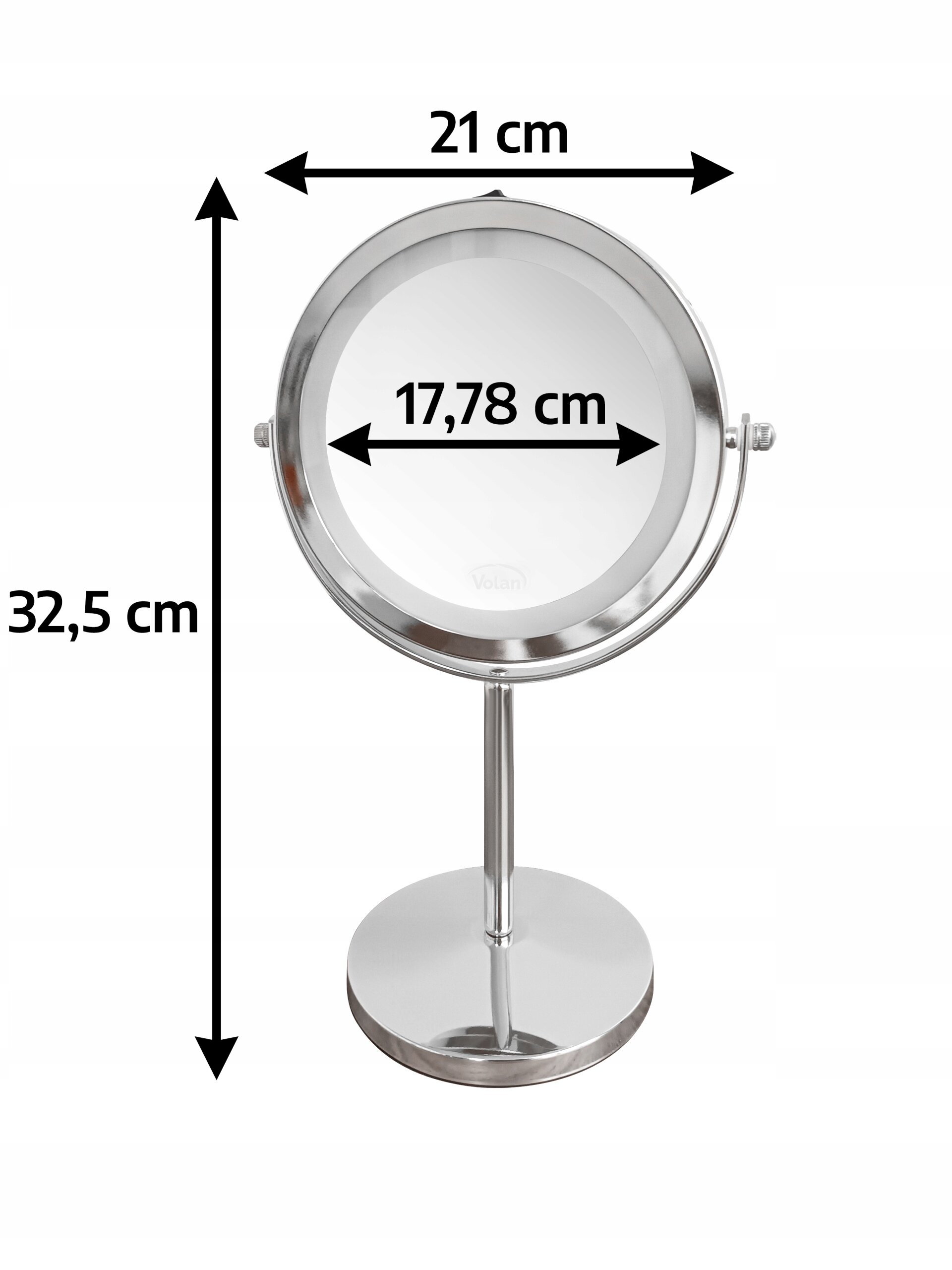 Lusterko do makijażu na stojaku z podświetleniem LED, o średnicy 17,78 cm i całkowitej wysokości 32,5 cm. Szerokość lusterka wynosi 21 cm.