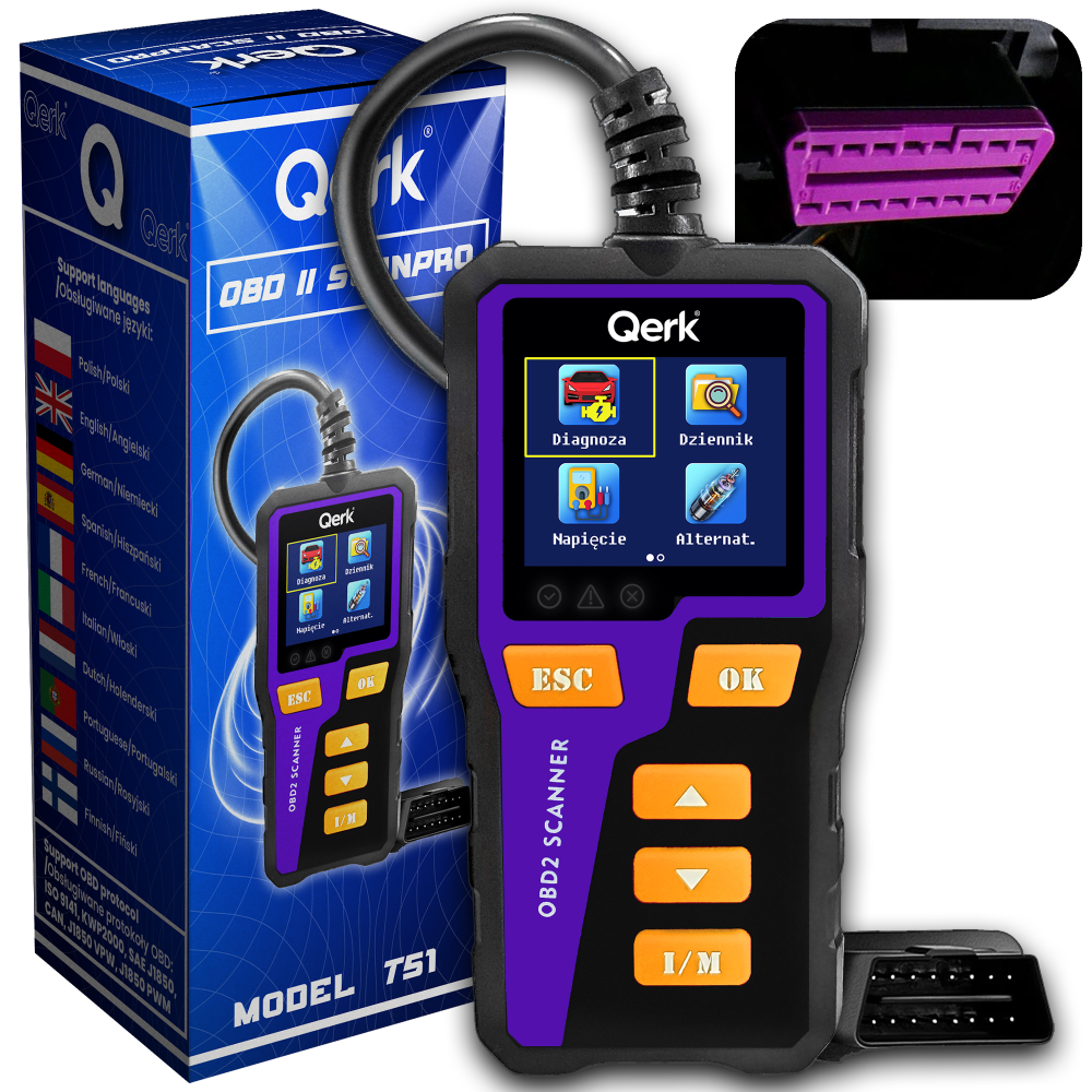 Na obrazie widoczny jest skaner diagnostyczny OBD2 marki Qerk z kolorowym wyświetlaczem, na którym znajdują się ikony: \'Diagnoza\', \'Dziennik\', \'Napięcie\', \'Alternat.\'. Obok urządzenia znajduje się pudełko z napisem \'Qerk OBD II SCANPRO\' oraz lista obsługiwanych języków.
