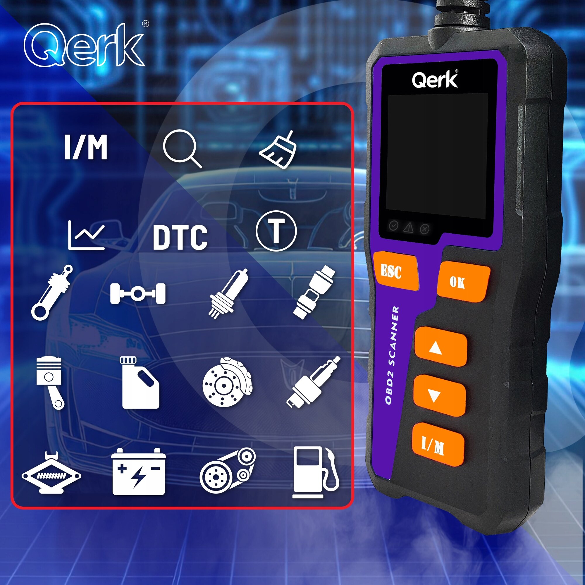 Na obrazie widoczny jest skaner diagnostyczny OBD2 z logo \'Qerk\' oraz przyciskami oznaczonymi jako ESC, OK, I/M. Obok urządzenia znajduje się panel z ikonami przedstawiającymi różne funkcje diagnostyczne, takie jak DTC, I/M, oraz symbole związane z motoryzacją.