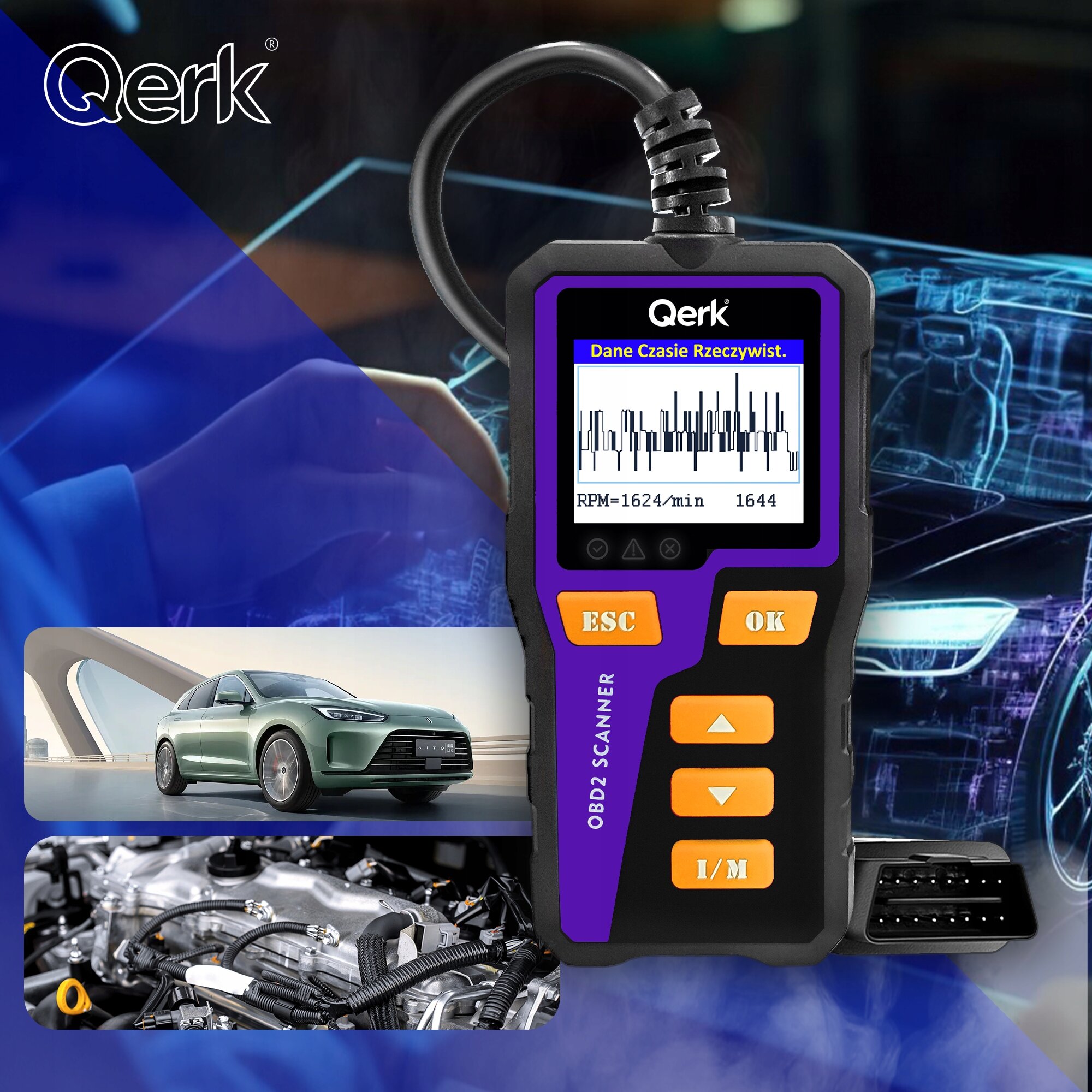 Na obrazie widoczny jest skaner diagnostyczny OBD2 z wyświetlaczem pokazującym dane: \'Dane Czasie Rzeczywist.\' oraz \'RPM=1624/min 1644\'. W tle znajdują się zdjęcia samochodu i silnika, a w lewym górnym rogu widnieje logo \'Qerk\'.