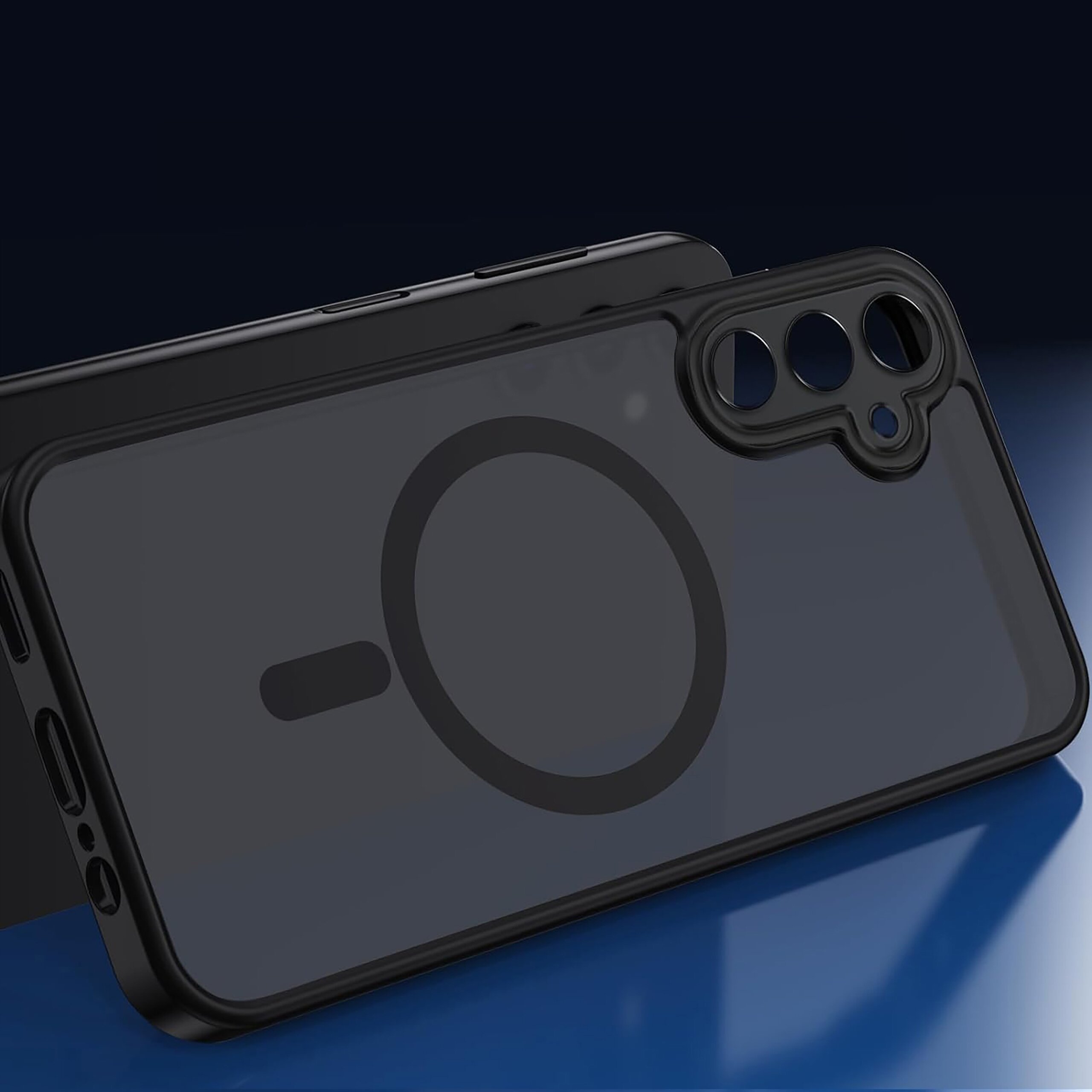 Przezroczyste etui na telefon z czarnymi krawędziami i wycięciami na aparat oraz okrągłym wzorem na środku. Etui jest przeznaczone do użytku z technologią MagSafe.