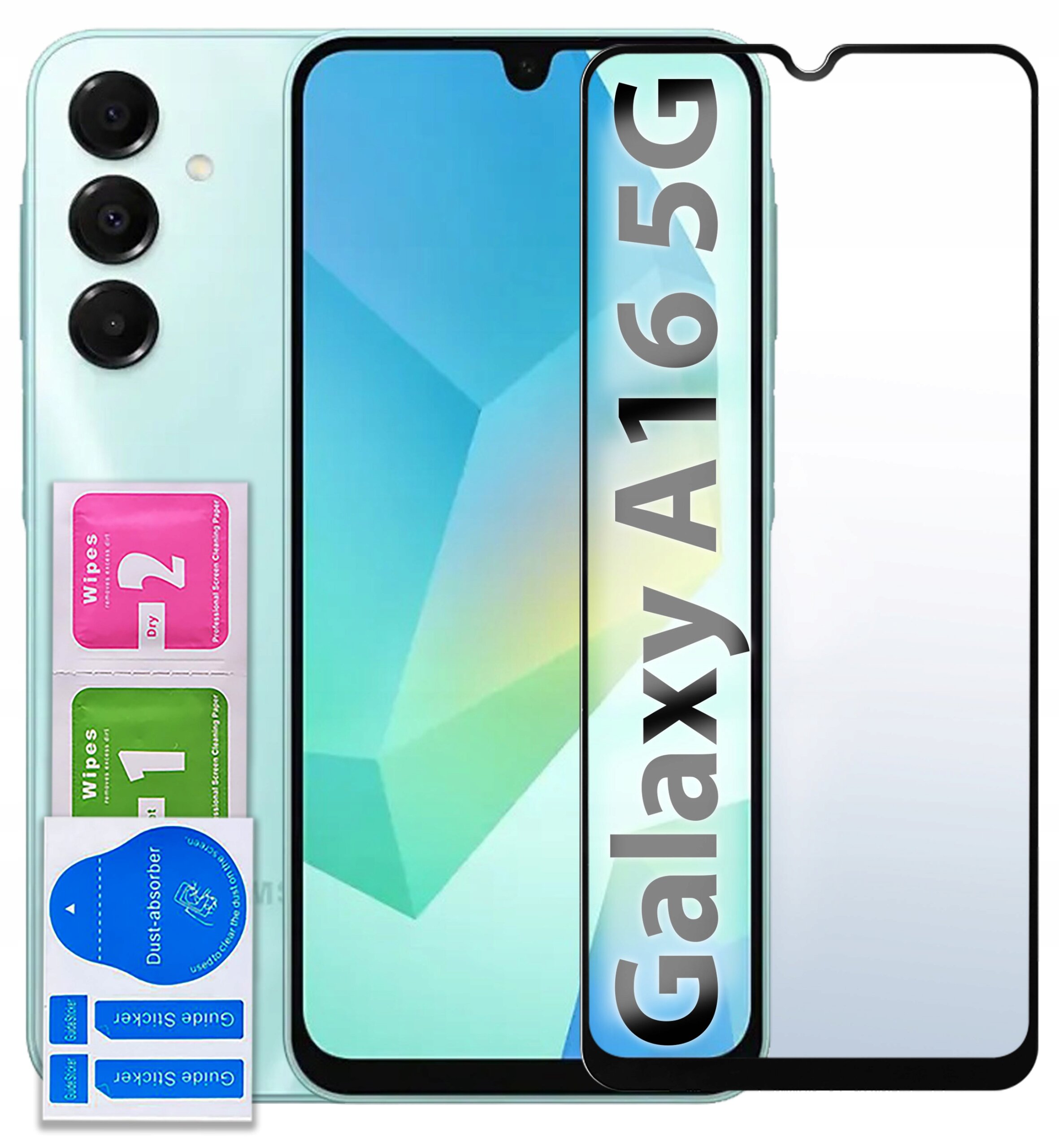 Na obrazie widoczny jest telefon z trzema aparatami oraz zestaw akcesoriów do montażu szkła ochronnego. Na szkle widnieje napis \'Galaxy A16 5G\'.