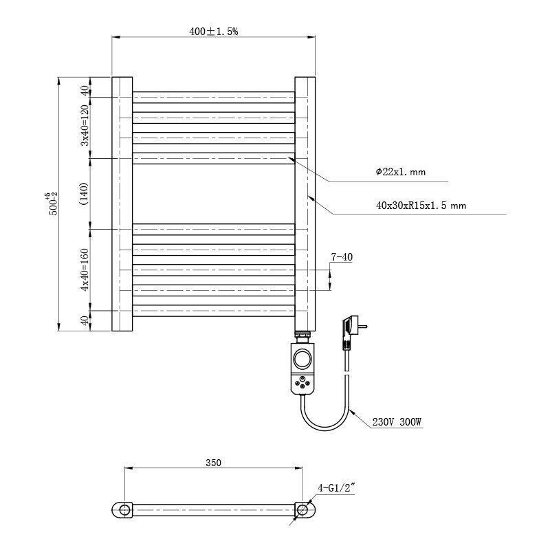 Rysunek techniczny przedstawia grzejnik łazienkowy z wymiarami: szerokość 400±1.5 mm, wysokość 500±5 mm. Widoczne są szczegóły konstrukcyjne, takie jak średnica rur 22x1 mm i oznaczenia 230V 300W.