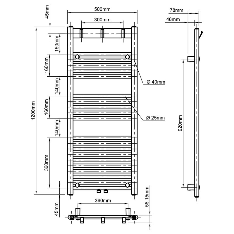 Schemat techniczny grzejnika łazienkowego drabinkowego z wymiarami: wysokość 1200mm, szerokość 500mm, głębokość 78mm. Widoczne są średnice rur: Ø 40mm i Ø 25mm oraz inne szczegóły konstrukcyjne.