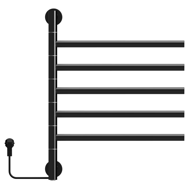 Czarny matowy grzejnik łazienkowy z pięcioma poziomymi rurkami i przewodem zasilającym po lewej stronie. Grzejnik ma prosty, nowoczesny design.