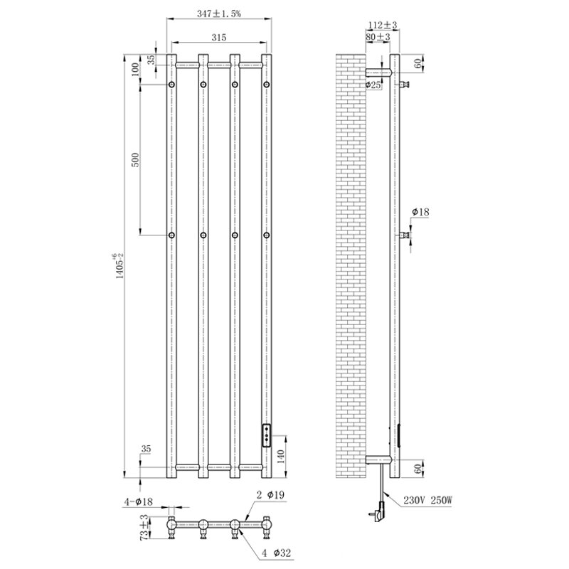 Rysunek techniczny przedstawiający wymiary grzejnika łazienkowego z czterema pionowymi rurkami. Widoczne są szczegółowe oznaczenia wymiarów oraz napis \'230V 250W\'.