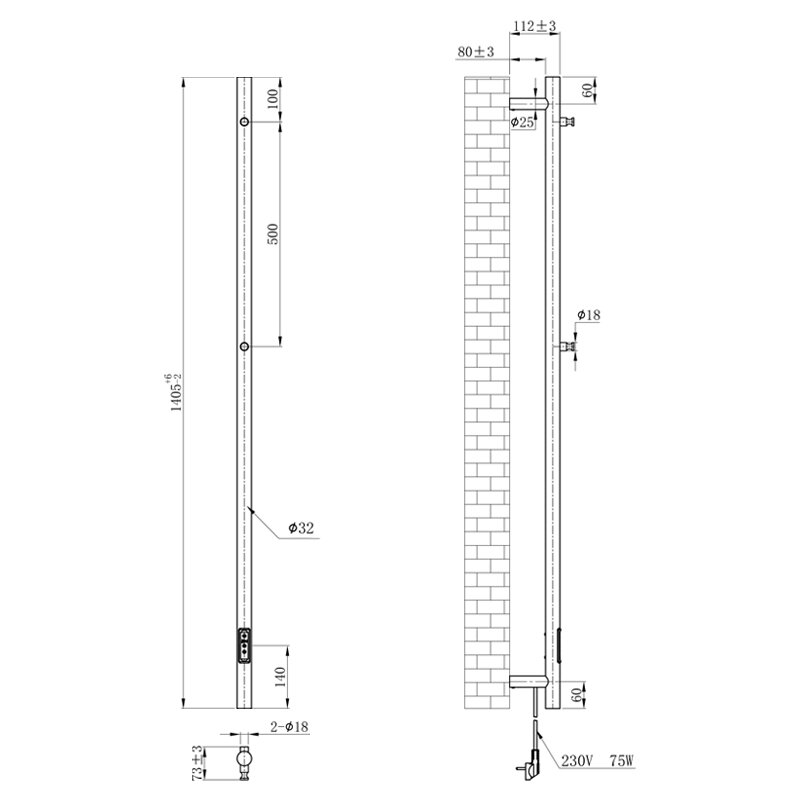 Schemat techniczny grzejnika łazienkowego z wymiarami i szczegółami montażowymi. Widoczne oznaczenia: \'230V 75W\', \'ø32\', \'ø18\', \'ø25\', oraz różne wymiary w milimetrach.