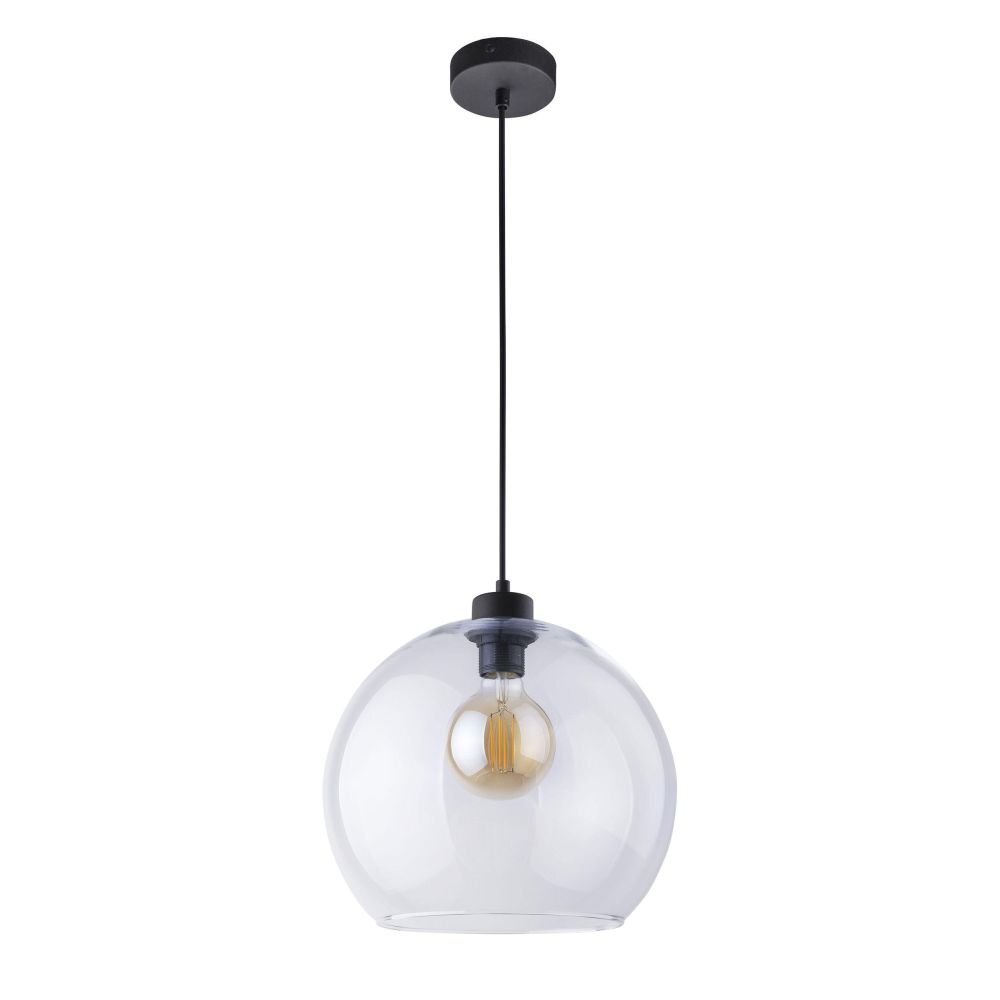 Lampa wisząca z przezroczystym, kulistym kloszem i czarnym przewodem. Wewnątrz klosza znajduje się żarówka z widocznym żarnikiem.
