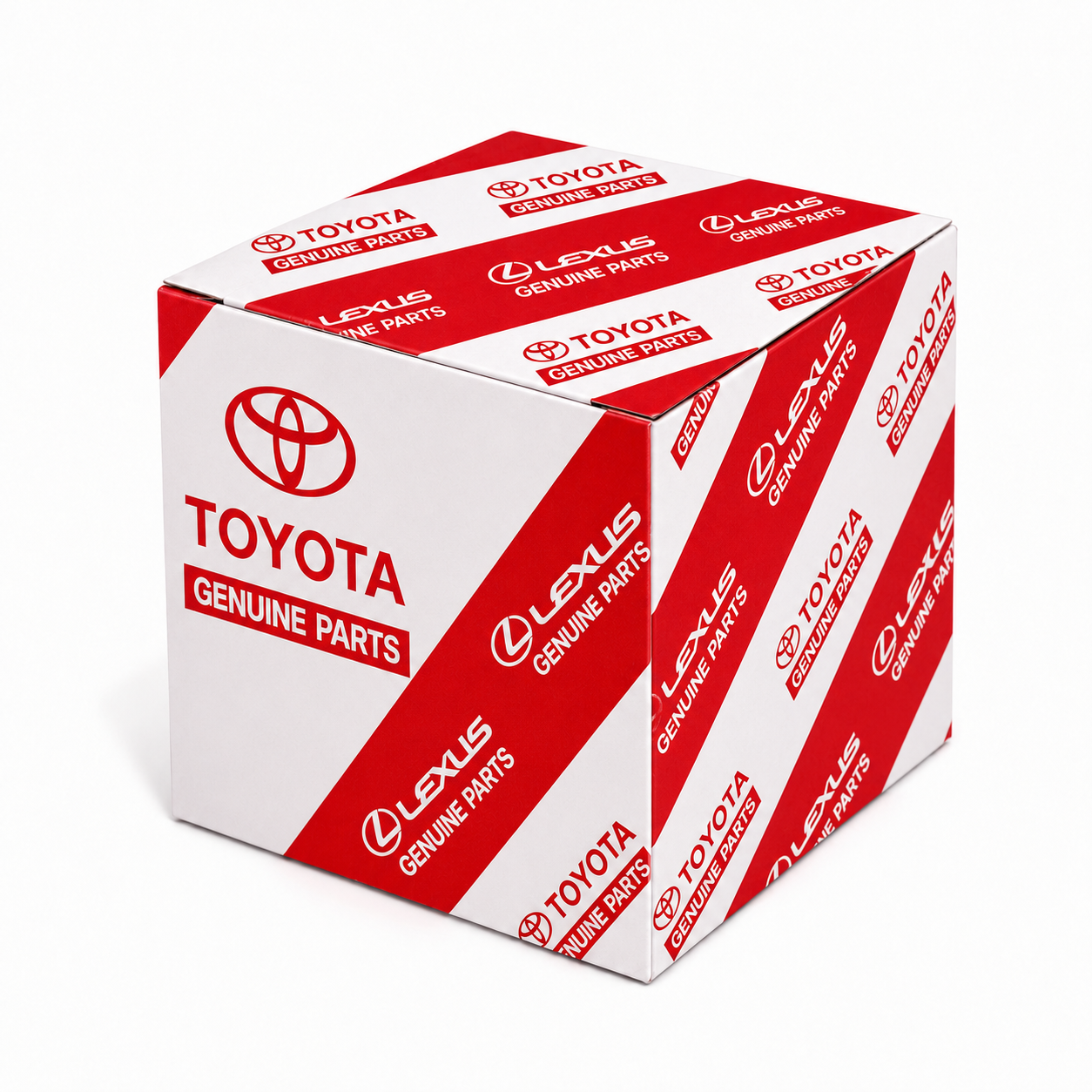 Pudełko z logo TOYOTA i LEXUS oraz napisem \'GENUINE PARTS\' w czerwono-białej kolorystyce.