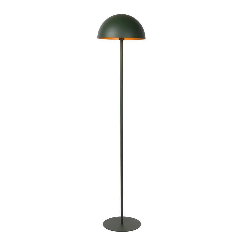 Lampa podłogowa z półokrągłym kloszem w ciemnym kolorze, osadzona na smukłym, prostym trzonie z okrągłą podstawą.