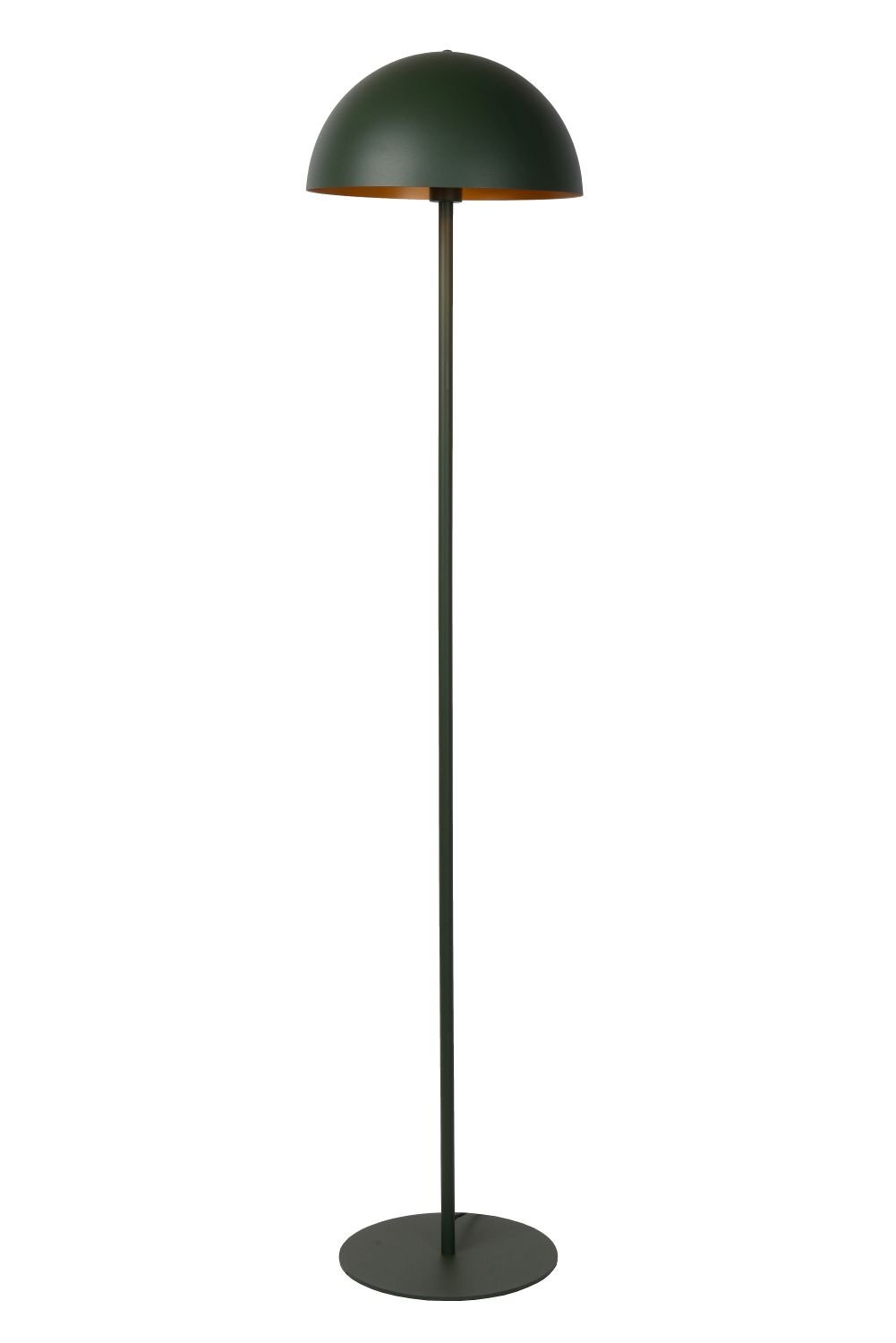 Lampa podłogowa z półokrągłym kloszem w ciemnym kolorze, osadzona na smukłej, prostej nodze z okrągłą podstawą.