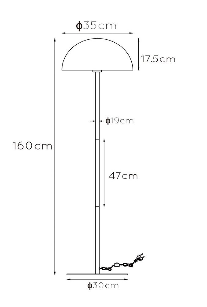 Schemat lampy podłogowej z wymiarami: wysokość 160 cm, średnica klosza 35 cm, wysokość klosza 17,5 cm, średnica podstawy 30 cm, średnica pręta 19 cm, długość kabla 47 cm.