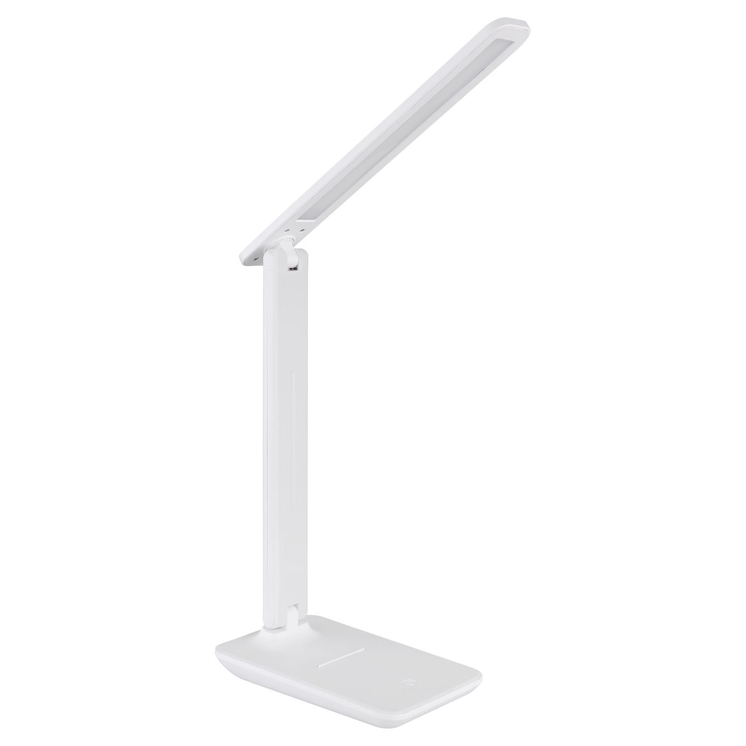 Biała lampa biurkowa LED z regulowanym ramieniem i okrągłą podstawą. Na podstawie znajduje się kolorowy przycisk dotykowy.