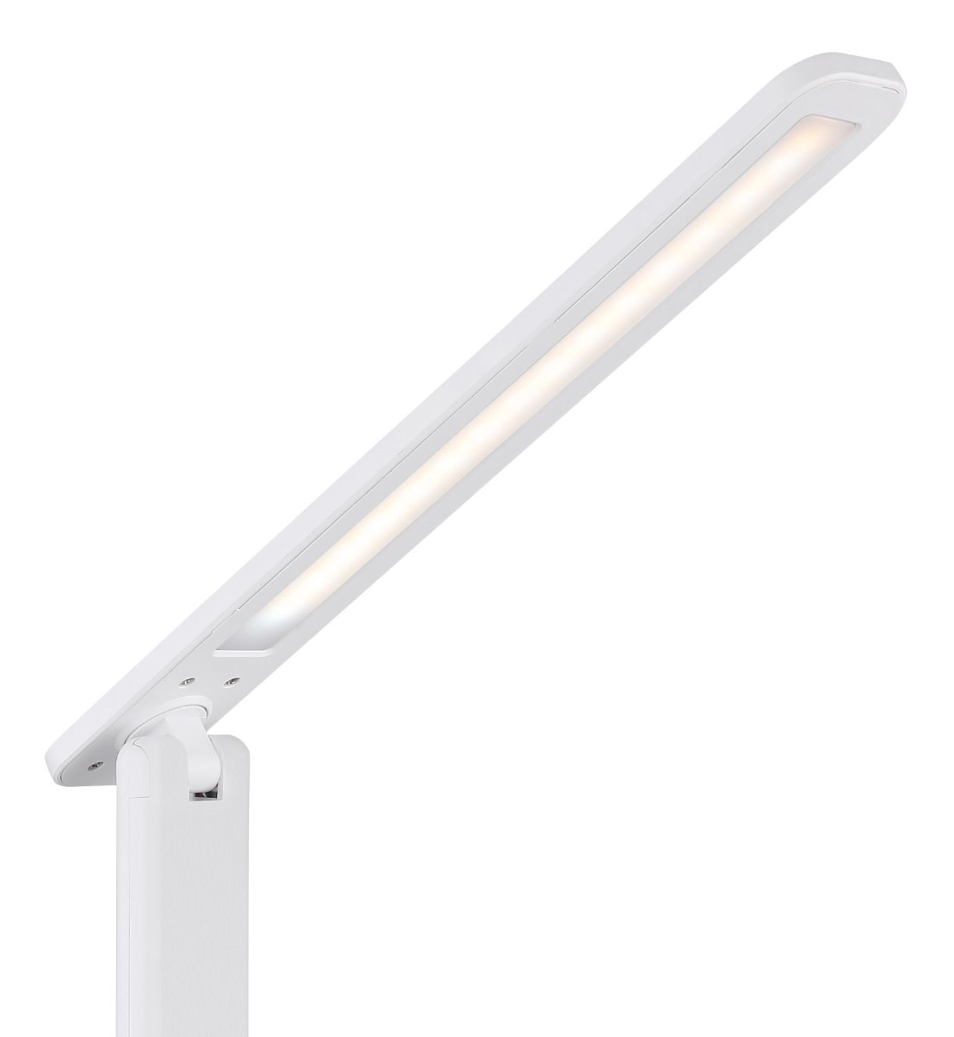 Biała lampa biurkowa LED o smukłym, nowoczesnym designie z długim, prostokątnym panelem świetlnym. Lampa posiada regulowane ramię umożliwiające dostosowanie kąta padania światła.