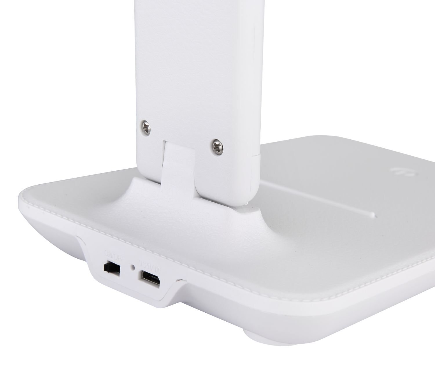 Biała podstawa lampy biurkowej z widocznymi portami USB i otworem na przewód. Elementy montażowe są widoczne na pionowej części lampy.