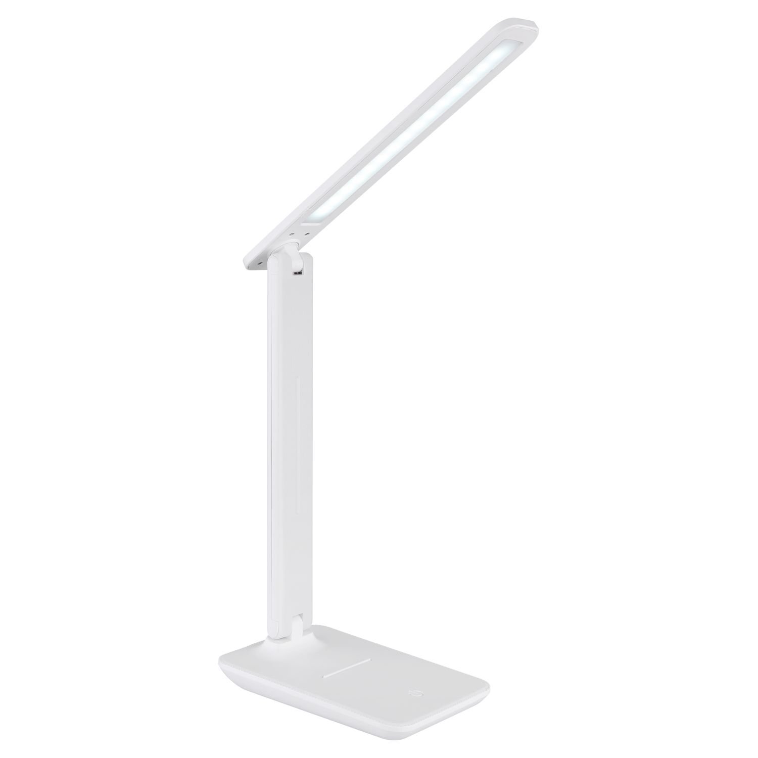 Biała lampa biurkowa LED o nowoczesnym designie z prostokątną podstawą i regulowanym ramieniem. Lampa emituje jasne światło z wąskiego, podłużnego panelu.
