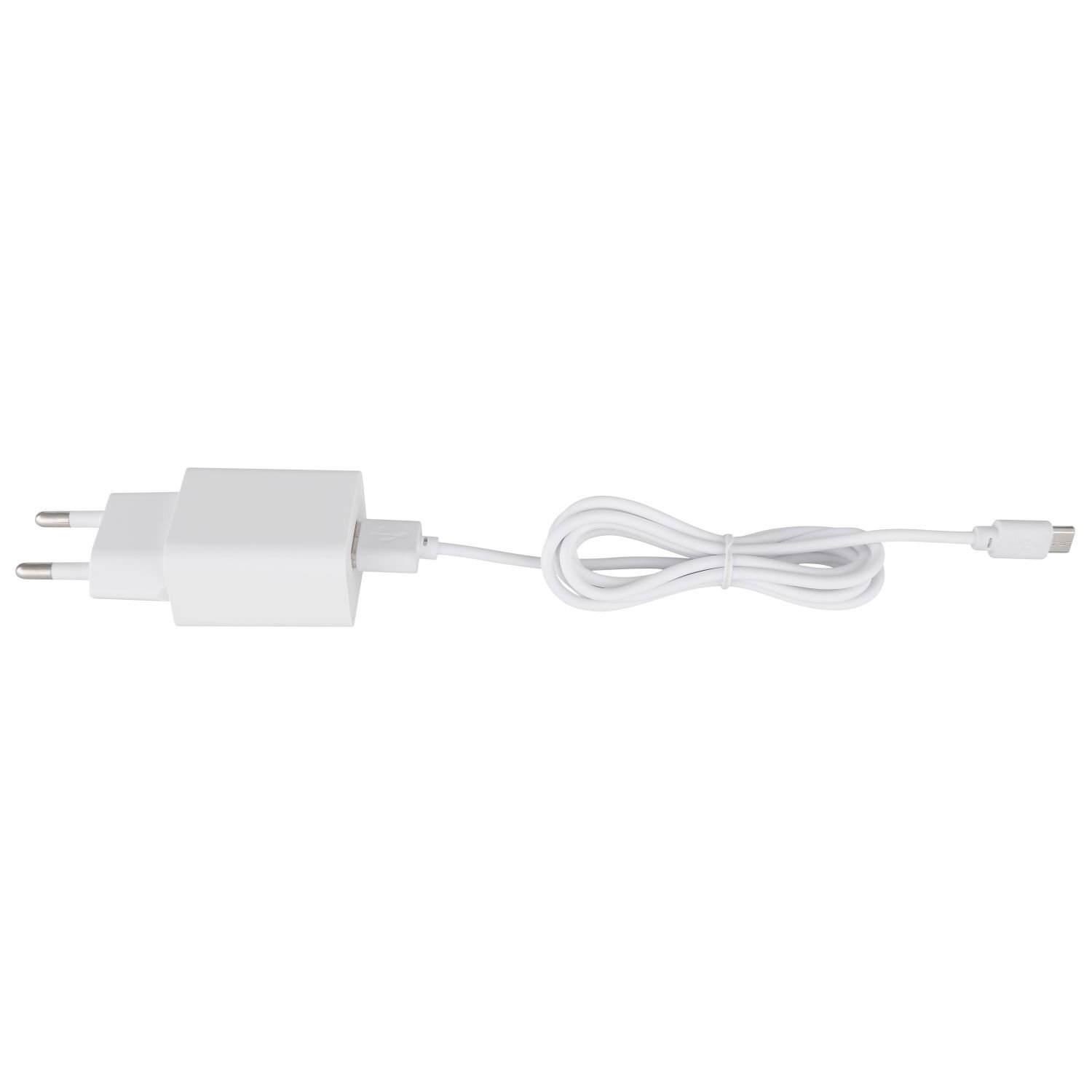 Biały zasilacz sieciowy z dwoma bolcami i podłączonym kablem USB, zakończonym wtyczką micro USB.