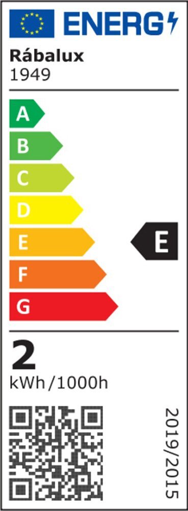 Etykieta energetyczna z logo UE i napisem \'Rábalux 1949\', pokazująca klasę energetyczną E. Zużycie energii wynosi 2 kWh/1000h, a na dole znajduje się kod QR.