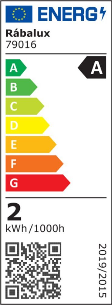 Etykieta energetyczna z logo UE i napisem \'Rábalux 79016\', pokazująca klasę energetyczną A oraz zużycie energii 2 kWh/1000h. Zawiera kolorową skalę od A do G i kod QR.