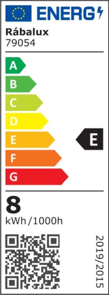 Etykieta energetyczna z logo UE i napisem \'Rábalux 79054\'. Klasa energetyczna E, zużycie energii 8 kWh/1000h, kod QR na dole.