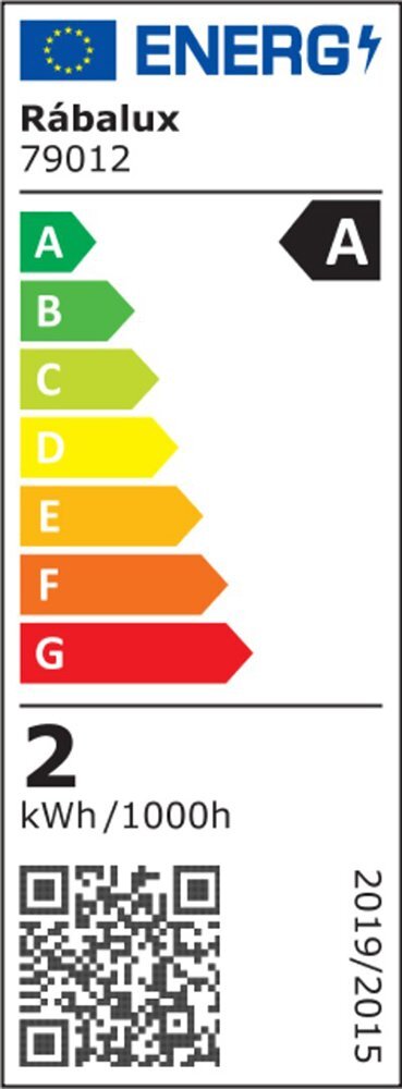 Etykieta energetyczna z klasą efektywności A, kodem produktu 79012 i zużyciem energii 2 kWh/1000h. Widoczny jest kod QR oraz oznaczenie \'Rábalux\'.