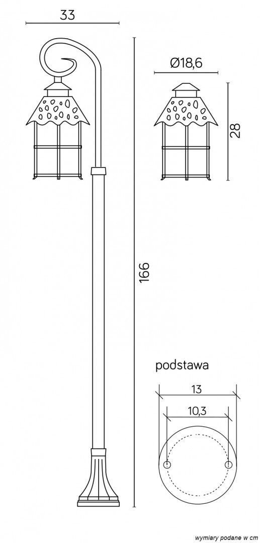 Schemat lampy ogrodowej stojącej z wymiarami: wysokość 166 cm, średnica klosza 18,6 cm, wysokość klosza 28 cm. Podstawa ma średnicę 13 cm i wewnętrzny okrąg o średnicy 10,3 cm.