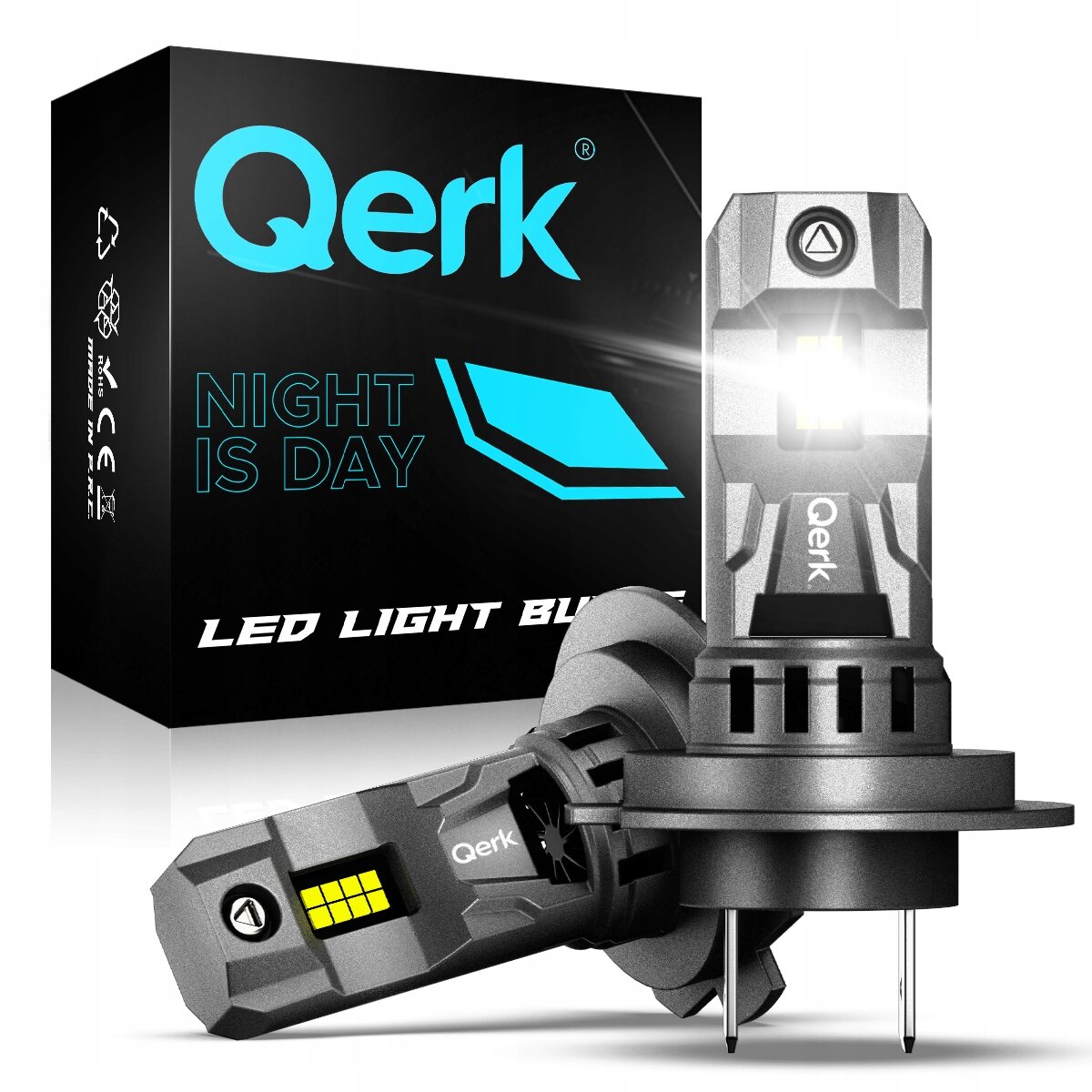 Obraz przedstawia żarówkę LED z napisem \'Qerk\' oraz opakowanie z tekstem \'Qerk NIGHT IS DAY LED LIGHT BULB\'. Żarówka ma metaliczną obudowę i widoczne elementy świetlne.
