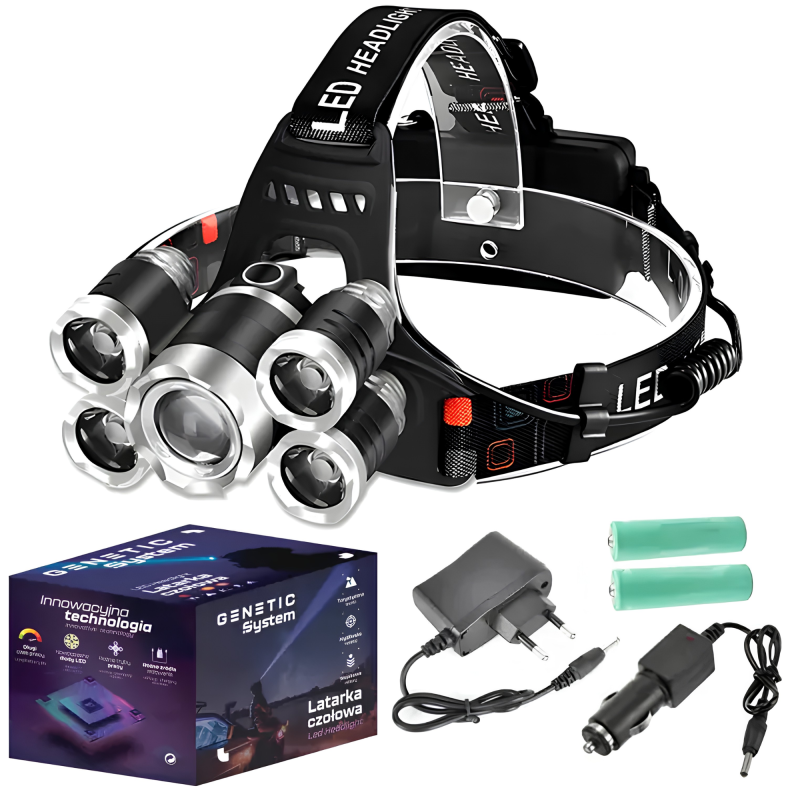 Na obrazie znajduje się latarka czołowa z pięcioma reflektorami LED oraz regulowanym paskiem z napisem \'LED HEADLIGHT\'. Obok latarki widoczne są dwa akumulatory, ładowarka sieciowa, ładowarka samochodowa oraz pudełko z napisem \'GENETIC System Latarka czołowa\'.