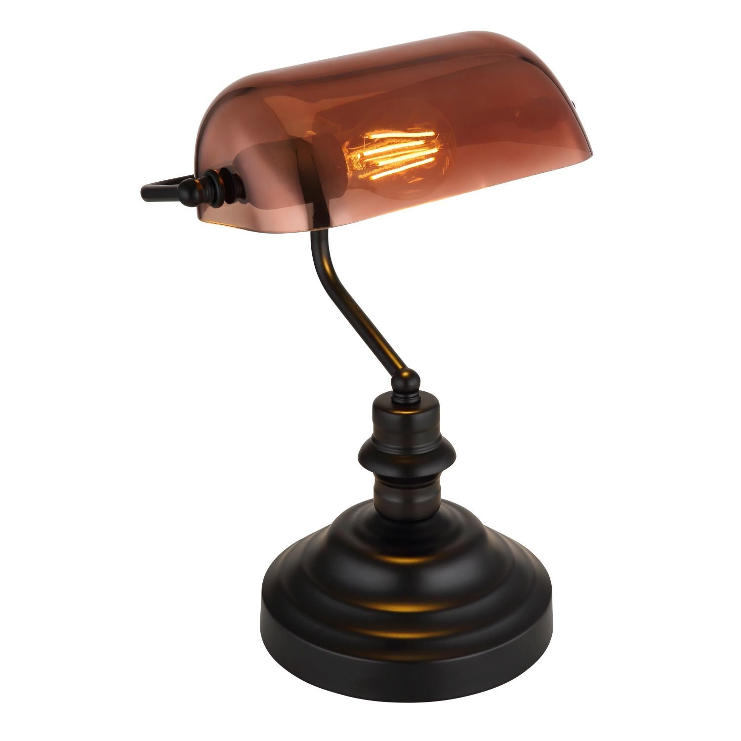 Lampa biurkowa z ciemnym, metalowym korpusem i brązowym, półokrągłym kloszem, przez który widać żarówkę.