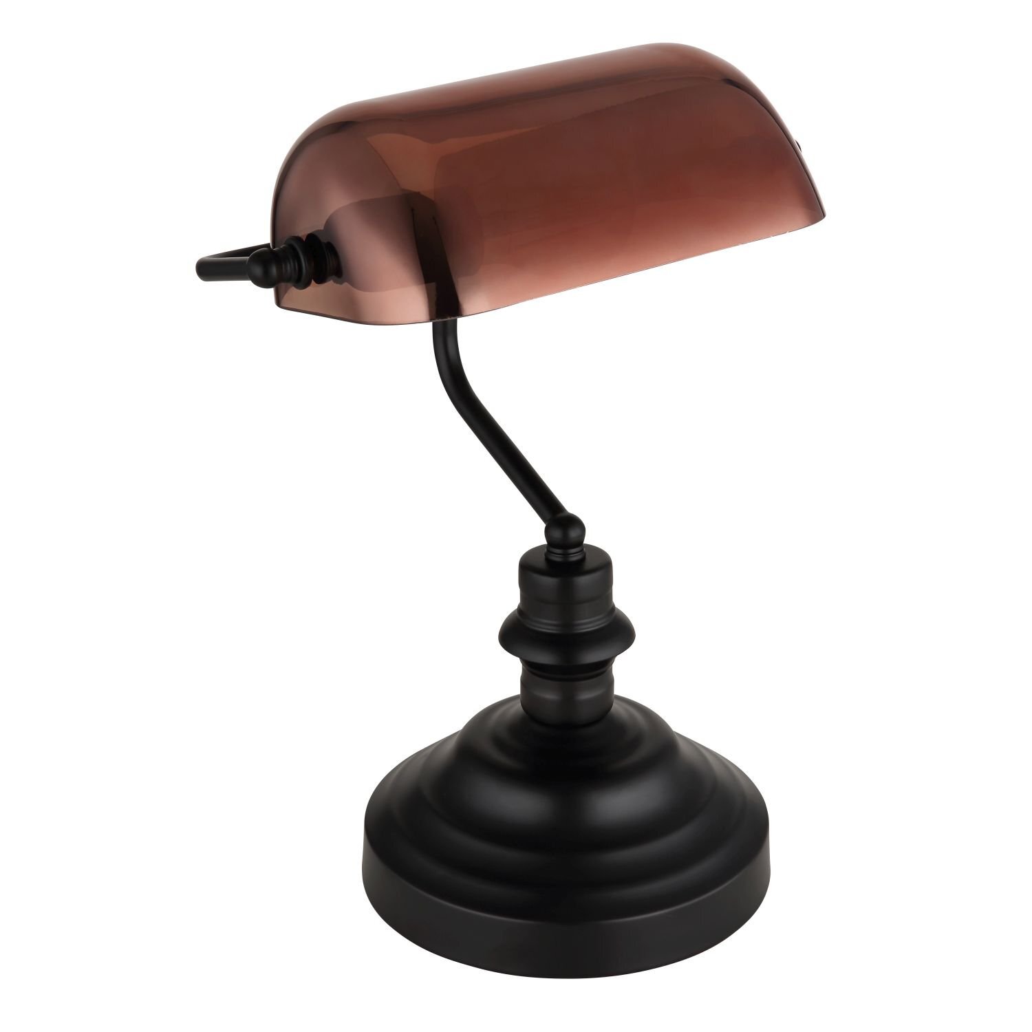 Lampa biurkowa z ciemnym, zaokrąglonym kloszem i czarną, ozdobną podstawą. Klosz ma brązowy odcień, a całość ma elegancki, klasyczny wygląd.