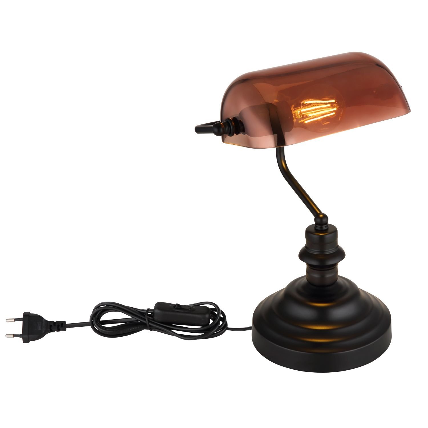 Lampa biurkowa z ciemnym, metalowym korpusem i bursztynowym kloszem, przez który widać żarówkę. Lampa posiada czarny przewód z wtyczką.