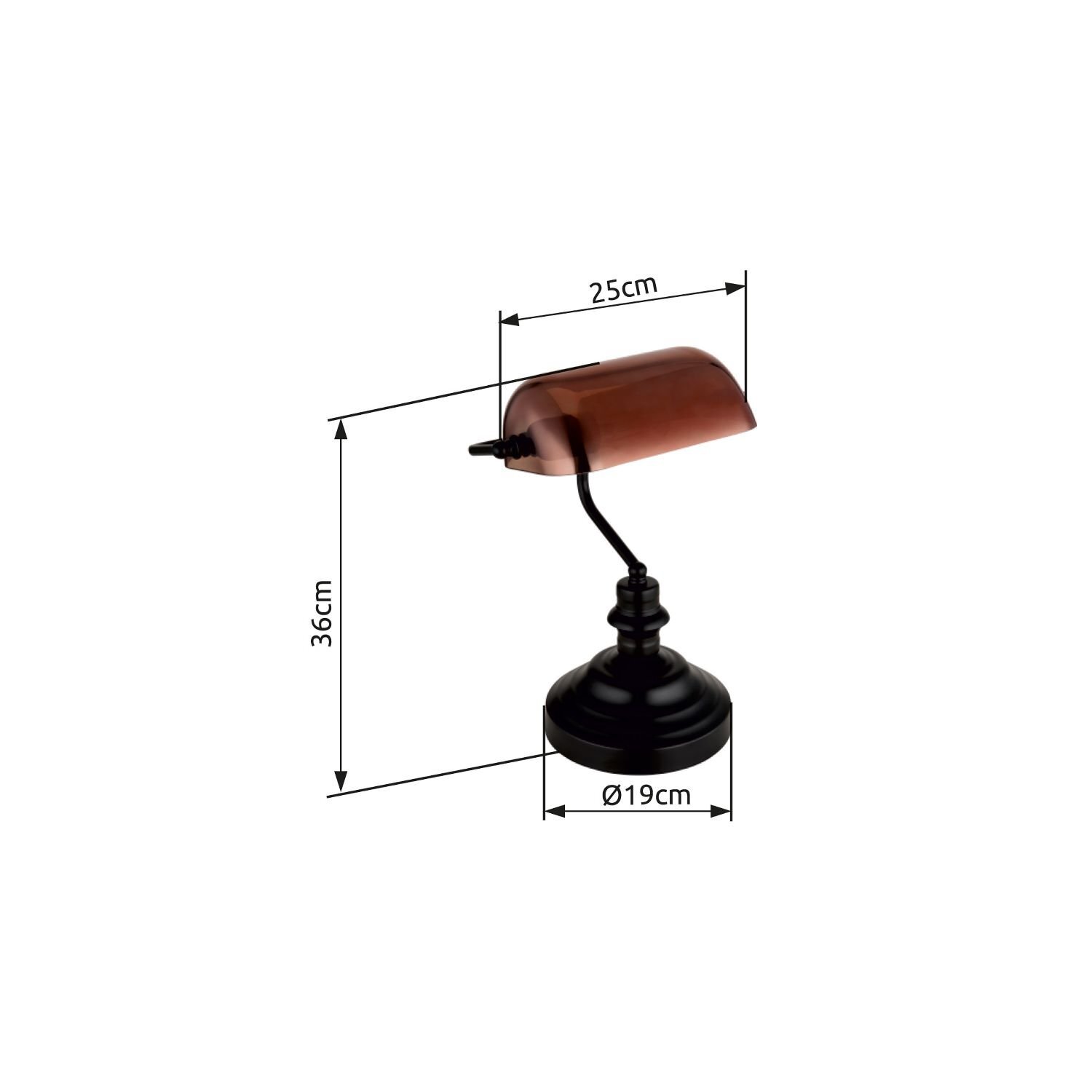 Obraz przedstawia lampę biurkową z metalowym kloszem w kolorze miedzianym i czarną podstawą. Wymiary lampy to 36 cm wysokości, 25 cm szerokości klosza i 19 cm średnicy podstawy.