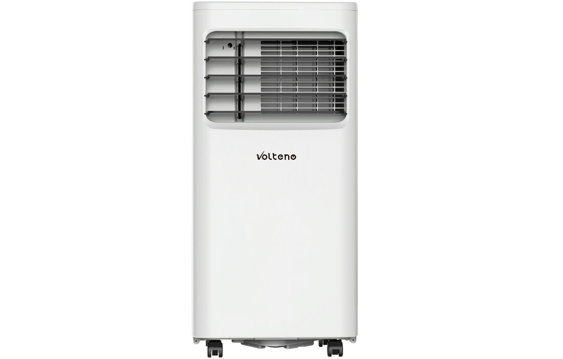 Biały klimatyzator przenośny z widocznym logo \'Volteno\' na przedniej części. Urządzenie posiada kratkę wentylacyjną i jest wyposażone w kółka ułatwiające przemieszczanie.