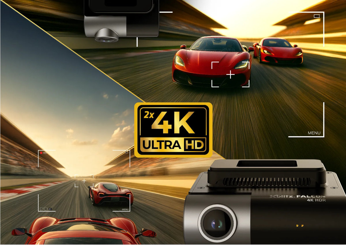 Obraz przedstawia dwa czerwone samochody sportowe jadące po torze wyścigowym, z widocznym logo \'2x 4K ULTRA HD\'. Na dole znajduje się kamera z napisem \'XBLITZ FALCON 4K HDR\'.